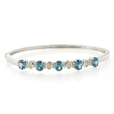 White Australian Opal And Alexandrite Silver Bangle