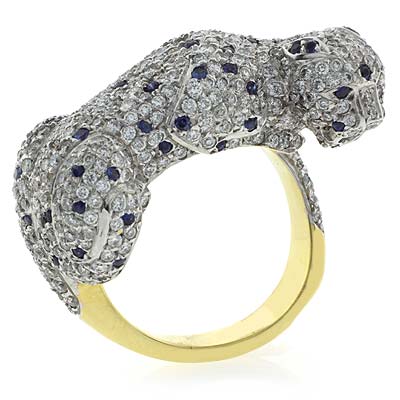 0.65 ct Sapphire 2.92 ct Diamond Jaguar 14K Gold Ring