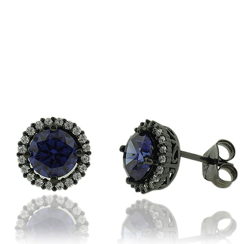 Round Cut Tanzanite Earrings With Zirconia In Black Silver Round Cut Tanzanite Earrings With Zirconia In Black Silver