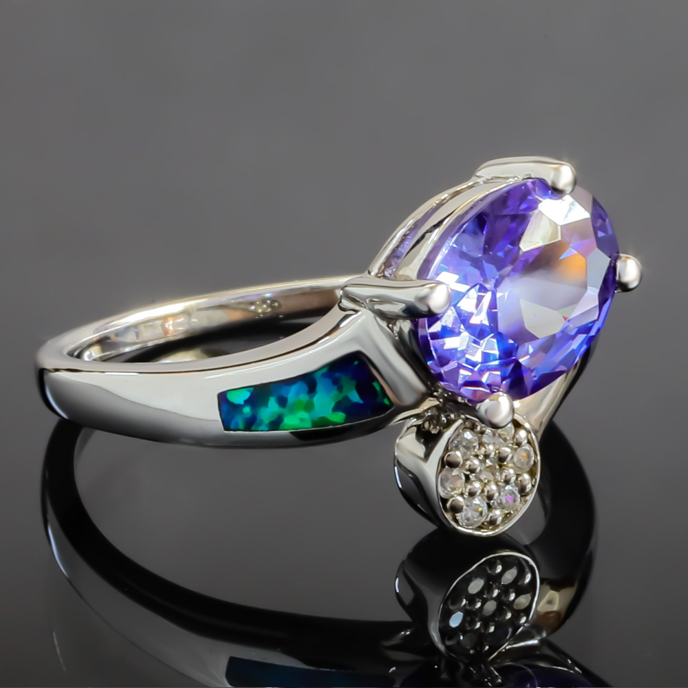 Australian Opal Silver Ring with Oval Tanzanite