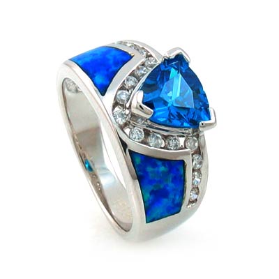 Australian Opal Ring with Trillion Cut Blue Topaz