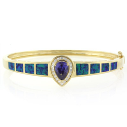 14K Yellow Gold Plated Opal and Tanzanite Silver Bangle