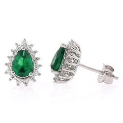 Pear Cut Emerald Silver Post Back Earrings