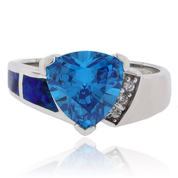 Trillion Cut Blue Topaz Silver Ring with Blue Opal