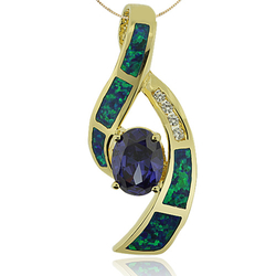 14K Yellow Gold Plated Blue Opal and Oval Cut Tanzanite Pendant