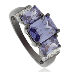 3 Stone Emerald Cut Tanzanite Black Silver Ring