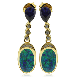 Beautiful Gold Plated Earrings with Australian Opal and Tanzanite in Drop Cut