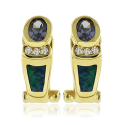Gold Plated Earrings with Australian Opal and Tanzanite Gemstone Oval Cut.