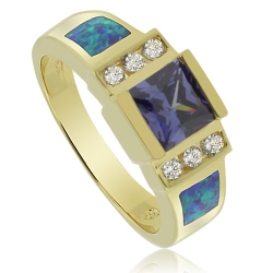 Gold Plated Ring with Precious Tanzanite Gemstone and Australian Opal