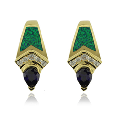 Gold Plated Earrings with Australian Opal and Drop Cut Tanzanite Gemstone