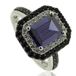 Silver Ring With Emerald Cut Tanzanite and Simulated Diamonds