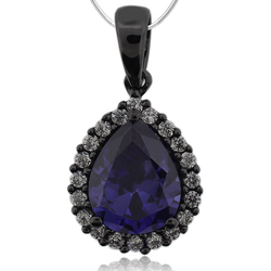 Drop Cut Tanzanite &  Black Silver Pendant with Zirconia