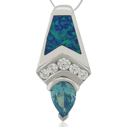 Great Pear Cut Blue Topaz and Opal Silver Pendant