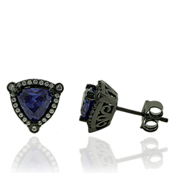 Beautiful Trillion Cut Tanzanite Earrings with Zirconia In Black Silver.