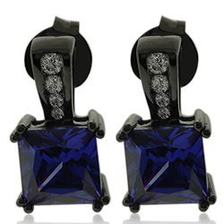 Beautiful Princess Cut Tanzanite Earrings with Zirconia In Black Silver.