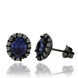 Oval Cut Tanzanite Earrings with Zirconia In Black Silver.