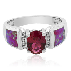 Oval-Cut Lab-Created Opal and Ruby Ring in Sterling Silver