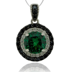 Round Cut Emerald Pendant With Simulated Diamonds And Sterling Silver