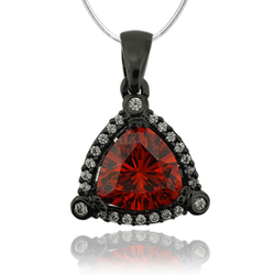 Trillion Cut Fire Opal Pendant With Oxidized Silver and Simulated Diamonds