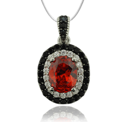 Sterling Silver Pendant With Oval Cut Fire Opal And Simulated Diamonds