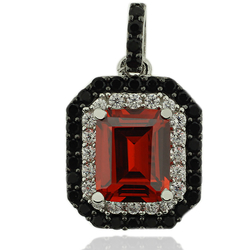 Sterling Silver Pendant With Emerald Cut Fire Opal And Simulated Diamonds