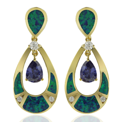 Gold Plated Earrings with Australian Opal and Tanzanite in Drop Cut