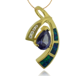 Beautiful Gold Plated Pendant with Australian Opal and Great Drop Cut Tanzanite Gemstone