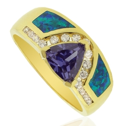 Gold Plated Ring with Australian Opal and Trillion Cut Tanzanite Gemstone