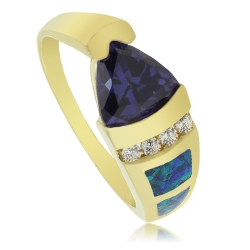 Gorgeous Gold Plated Ring with Trillion Cut Tanzanite Gemstone and Australian Opal