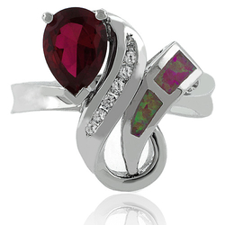 October Birthstone Pear-Cut Opal and Ruby Ring in Sterling Silver