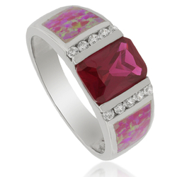 Emerald Cut Ruby and Pink Opal Ring in Silver