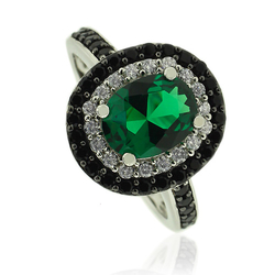 Sterling Silver Ring with Oval Cut Emerald With Simulated Diamonds