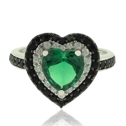 Sterling Silver ring with Hearth Shape Emerald and Simulated Diamonds