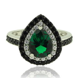 Amazing Sterling Silver and Pear Cut Emerald Ring With Simulated Diamonds
