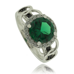 Precious Sterling Silver Ring with Round Cut Emerald and Simulated Diamonds