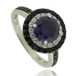 Round Cut Tanzanite Ring With Simulated Diamonds and Sterling Silver