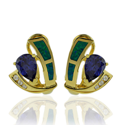 Gold Plated Earrings with Australian Opal and Pear Cut Tanzanite Gemstones