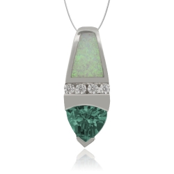 Trillion Cut Alexandrite and  White Opal Silver Pendant