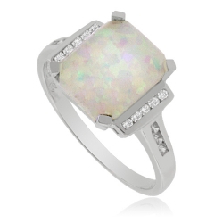 Sterling Silver Ring with Zirconia and Big White Opal Gemstone