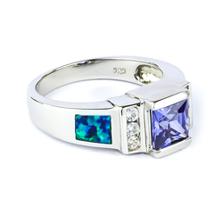 Australian Blue Opal Princess Cut Tanzanite Ring