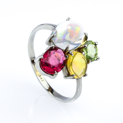 Genuine Mexican Fire Jelly Opal, Tsavorite and Rubelite Gold Ring