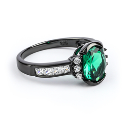 Emerald Oval Cut Stone Black Silver Ring