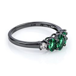 3 Stone Emerald Black Silver Ring