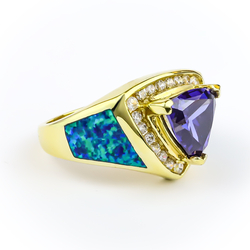 Sterling Silver Yellow Gold Vermeil Blue Opal Ring with Tanzanite