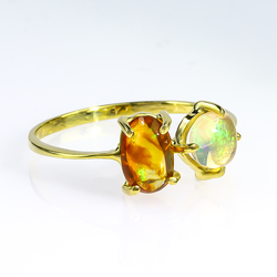 Genuine Fire Mexican Opal Natural 14K Solid Gold Ring