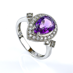 Sterling Silver Big Pear Cut Amethyst Ring