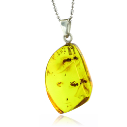 100% Natural Amber With Two Ants Silver Pendant 30mm x 17mm