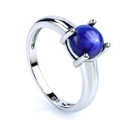 Solitaire Star Sapphire Round Cabuchon Silver Ring 925