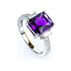 Sterling Silver 925 Emerald Cut Big Amethyst Ring