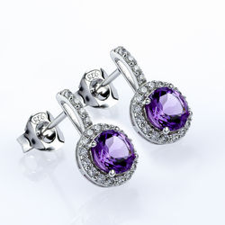 Round Cut Amethyst Silver Earrings